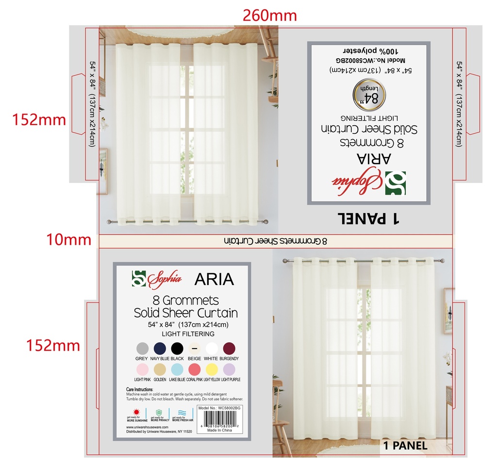 54"x84" Aria Voile Grommet Window Curtain, Beige (24 pc/ctn)