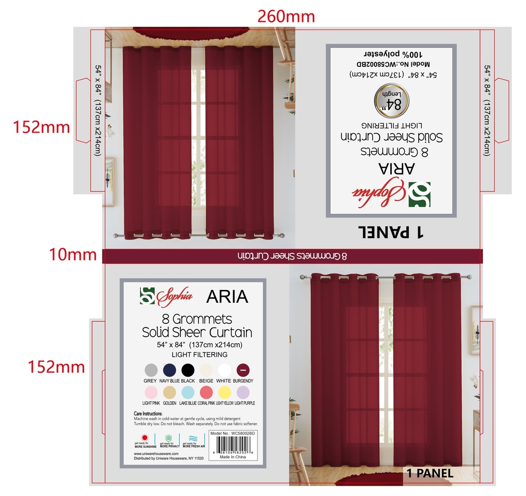 54"x84" Aria Voile Grommet Window Curtain, Burgundy (24 pc/ctn)