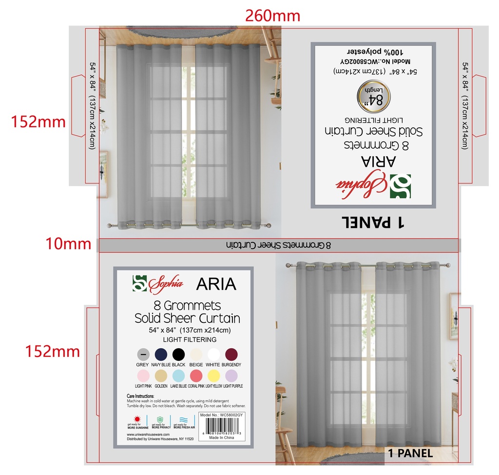 54"x84" Aria Voile Grommet Window Curtain, Grey (24 pc/ctn)