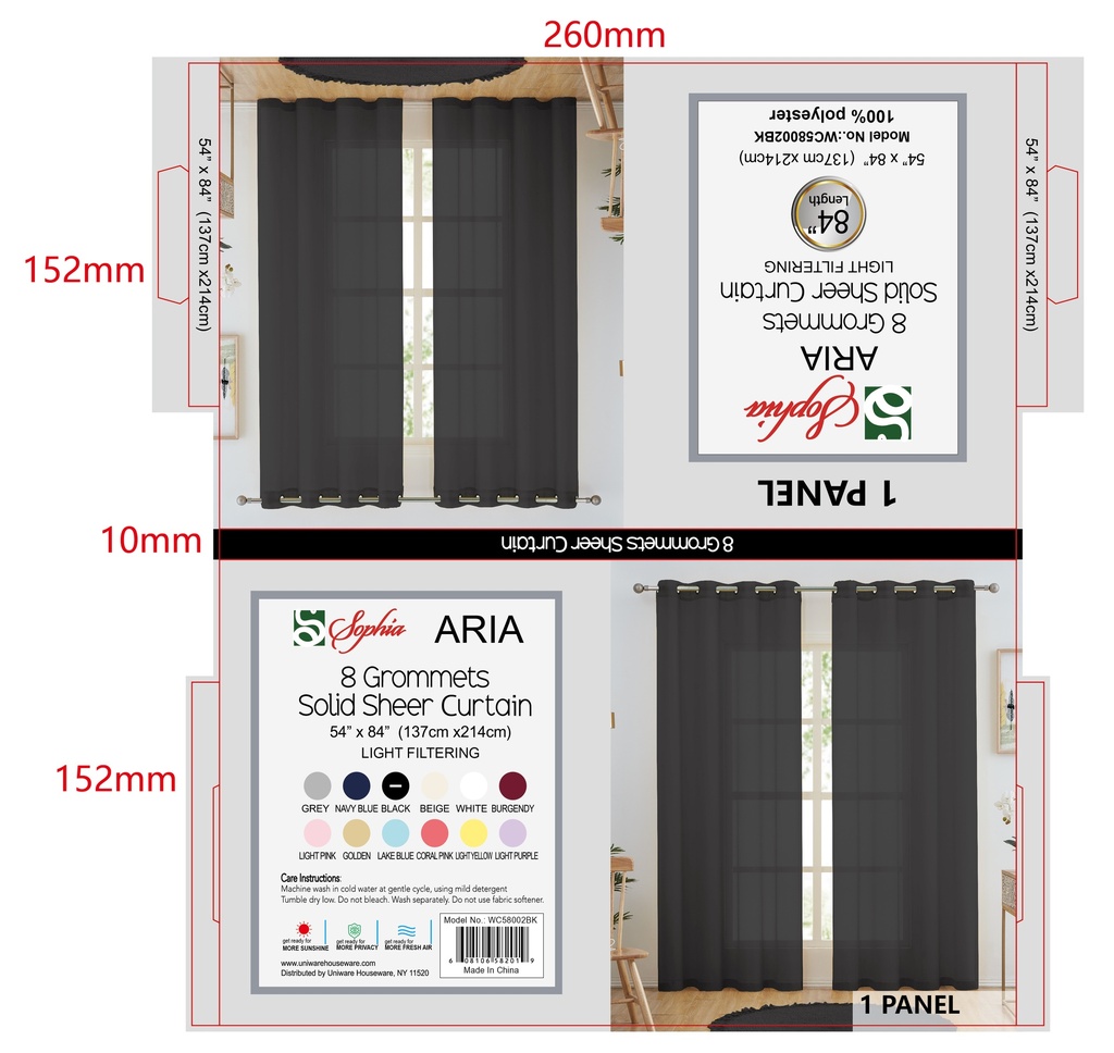 54"x84" Aria Voile Grommet Window Curtain, Black (24 pc/ctn)