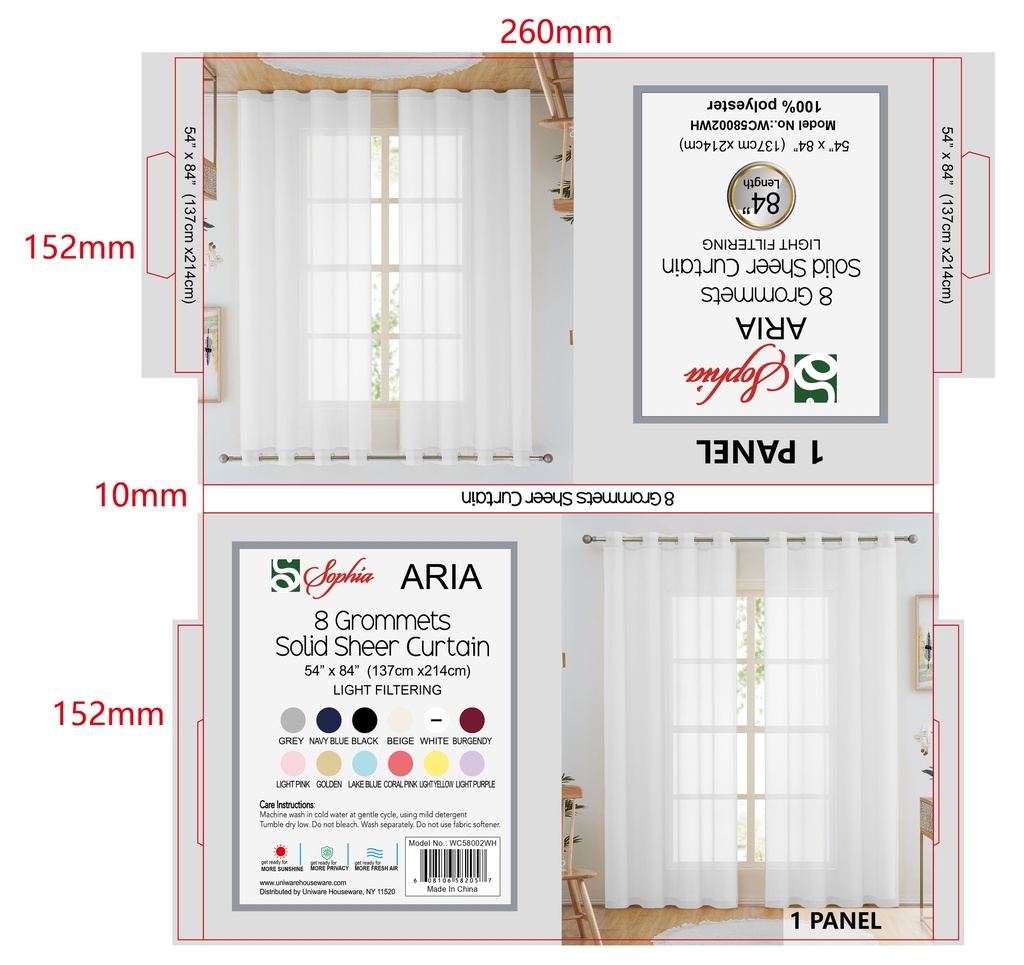 54"x84" Aria Voile Grommet Window Curtain, White (24 pc/ctn)