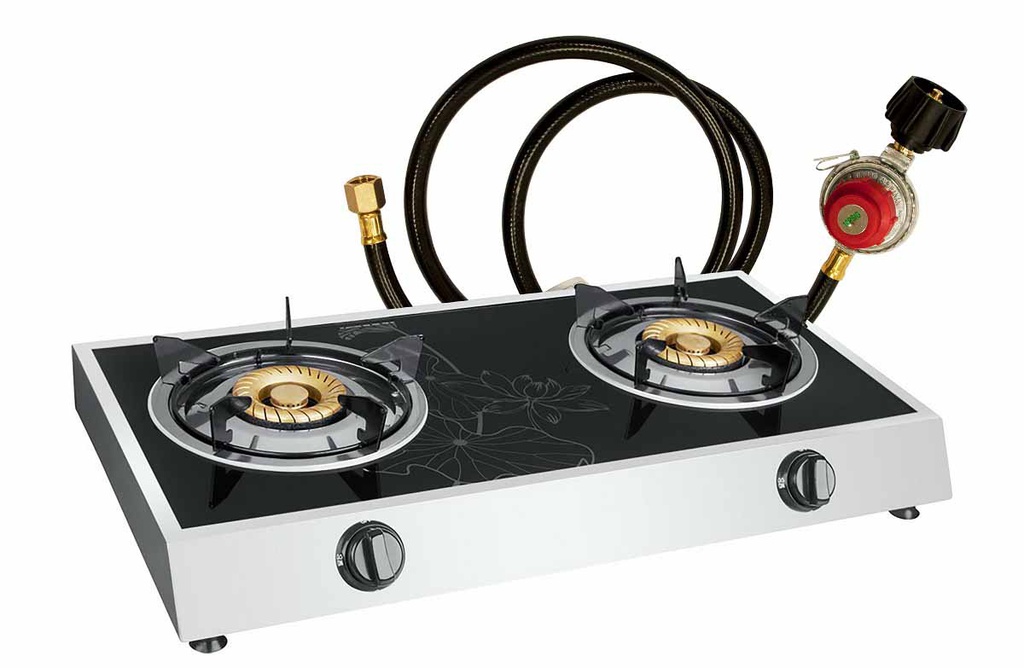 2 Burner Glass Top Steel Gas Stove with 1.5m Hose (1 pcs/ctn