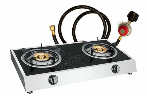 [6009] 2 Burner Glass Top Steel Gas Stove with 1.5m Hose (1 pcs/ctn