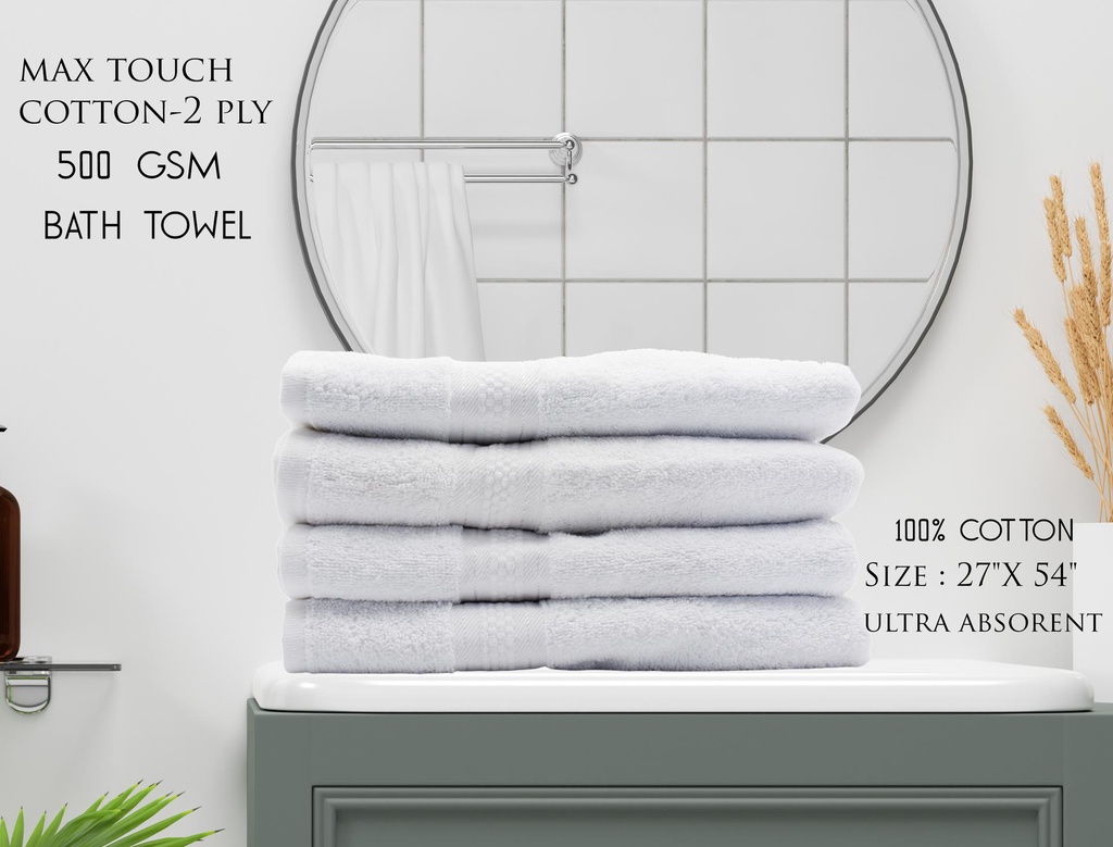27x54" Bath Towel, 100%Cotton, White, 500 gsm (24 pc/ctn)