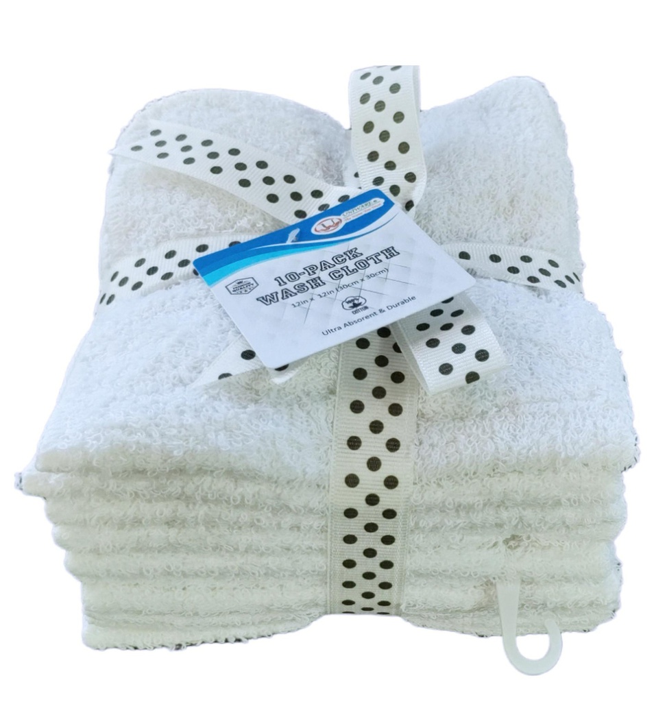 10 pc 12x12" Wash Cloth Set, 70% Cotton, White, 320 gsm (24 set/ctn)