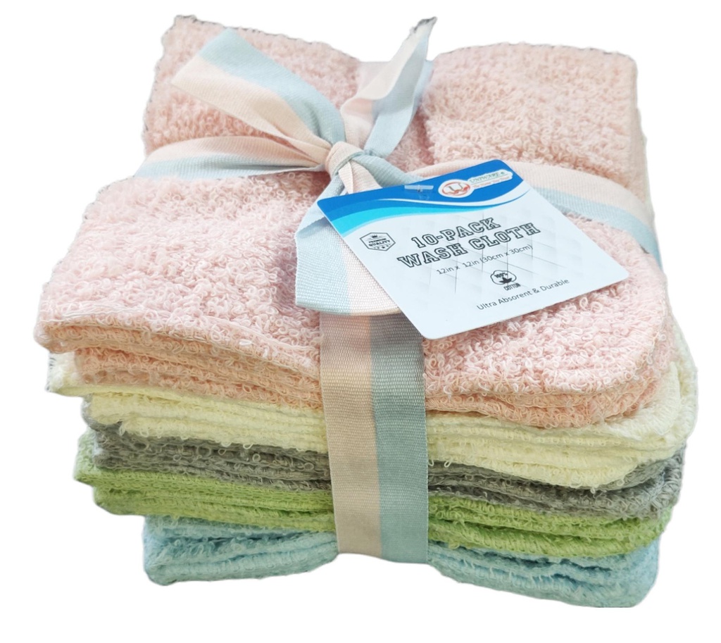 10 pc 12x12" Wash Cloth Set, 70%Cotton, Assorted, 320 gsm (24 set/ctn)