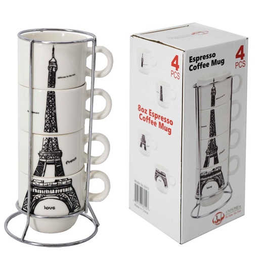 [6910] 4 pc Porcelain Cups with Stainless Steel Stand (12 sets/ctn)