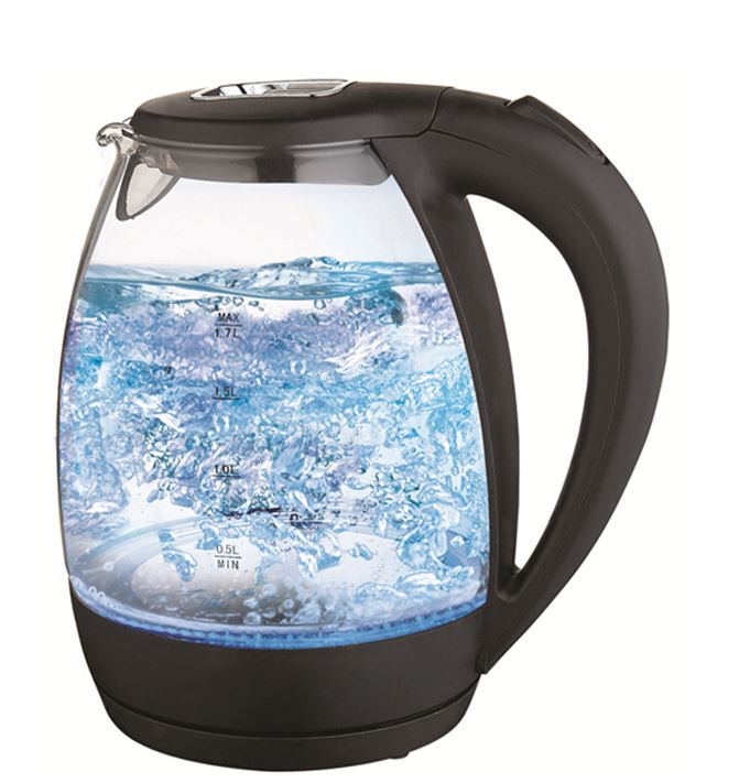 1.7L Borosilicate Glass Electric Kettle w. Blue Light & Auto Shut Off - 1200Watts (6 pcs/ctn)