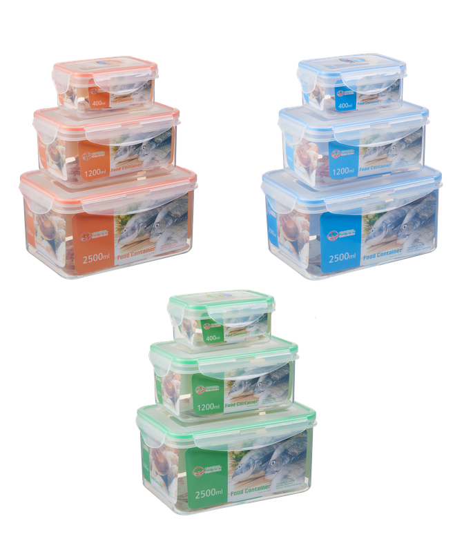 3 pc Rectangle Food Container w Silicone Ring,400/1200/2500ml (20 sets/ctn)