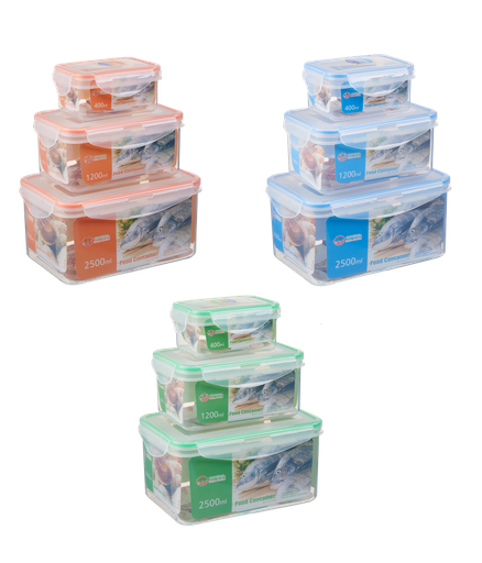 [7503] 3 pc Rectangle Food Container w Silicone Ring,400/1200/2500ml (20 sets/ctn)