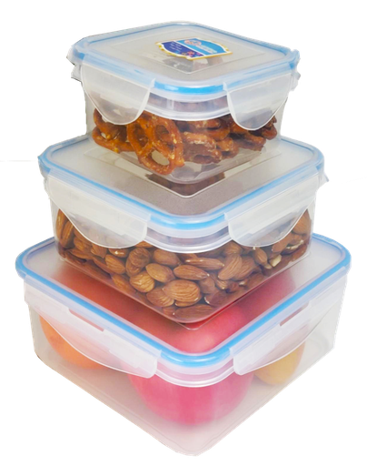 [7507] 3 pc Square Food Container w Silicone Ring, 370/860/1900ml (20 sets/ctn)