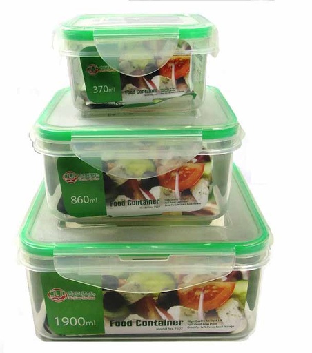 [7507] 3 pc Square Food Container w Silicone Ring, 370/860/1900ml (20 sets/ctn)