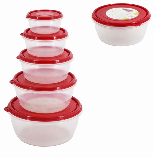 [7514] 5 pc Round Plastic Container with PE Lid Set,400ml/750ml/1.2LT/2.2LT/3.6LT (12 sets/ctn)