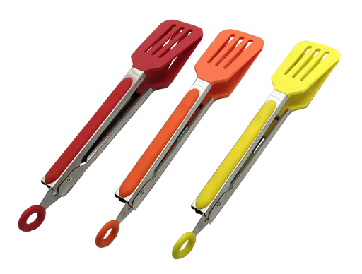 [77004-B] 9" Stainless Steel Slotted Tongs, Mixed Colors (48 pcs/ctn)