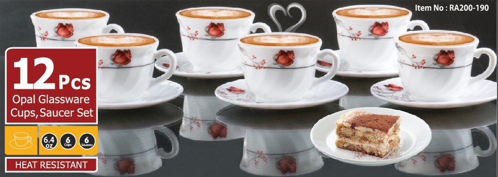 12 pc Rose Opal Glass Cup and Saucer Set (12 sets/ctn)