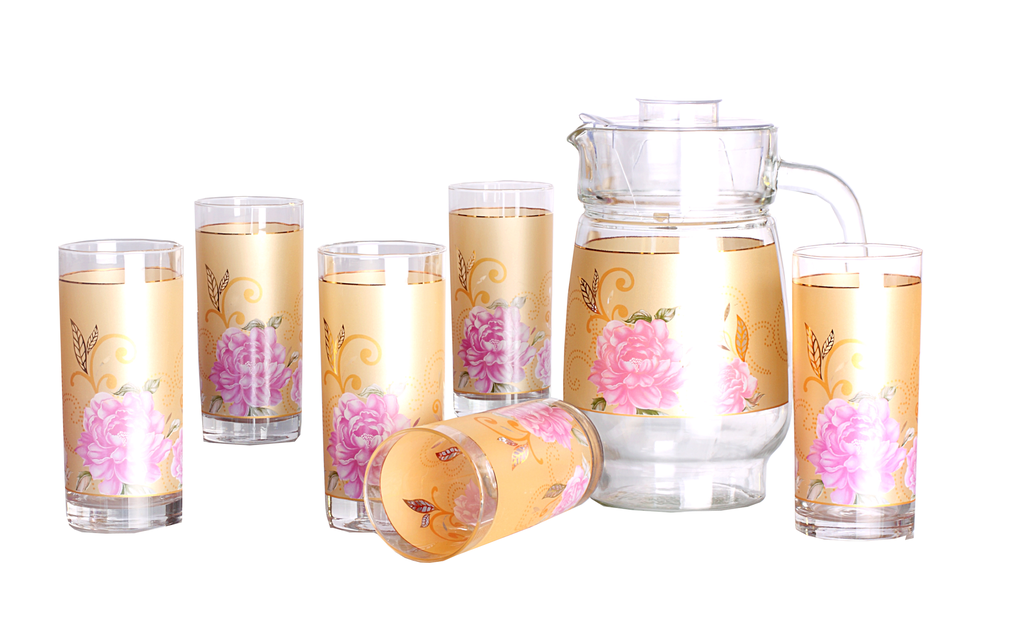 7 pc Gold/Pink Flower Design Glass Set (6 sets/ctn)