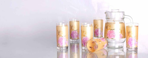 [A10101] 7 pc Gold/Pink Flower Design Glass Set (6 sets/ctn)