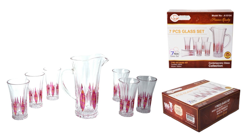 7 pc Pink Ribbed Design Glass Set (4 sets/ctn)