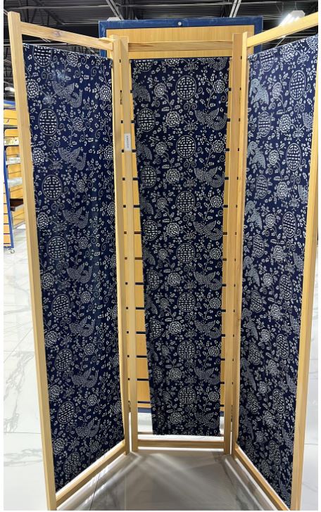 3 Fold Room Divider, Wood Frame &amp; Blue Dyed Cloth (6 pc/ctn)