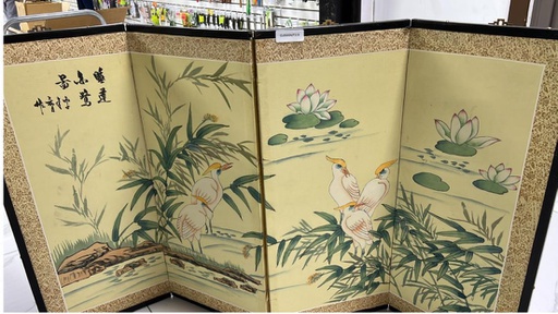 [CLOSEOUT115] 4 Fold Room Divider, Woold Frame with Chinese Mountain & Bird Painting (6 pc/ctn)