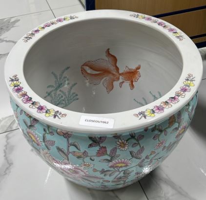 Ceramic Finsh Bowl, Gold Fish& Flowers, 18"D x 14.8"H (1 pc/ctn)