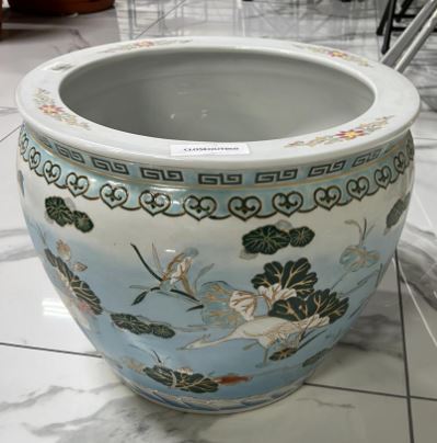 [CLOSEOUT060] Ceramic Fish Bowl, Gold Fish, Crane & Lotus, 16.75"D x 13.25"H (1 pc/ctn)