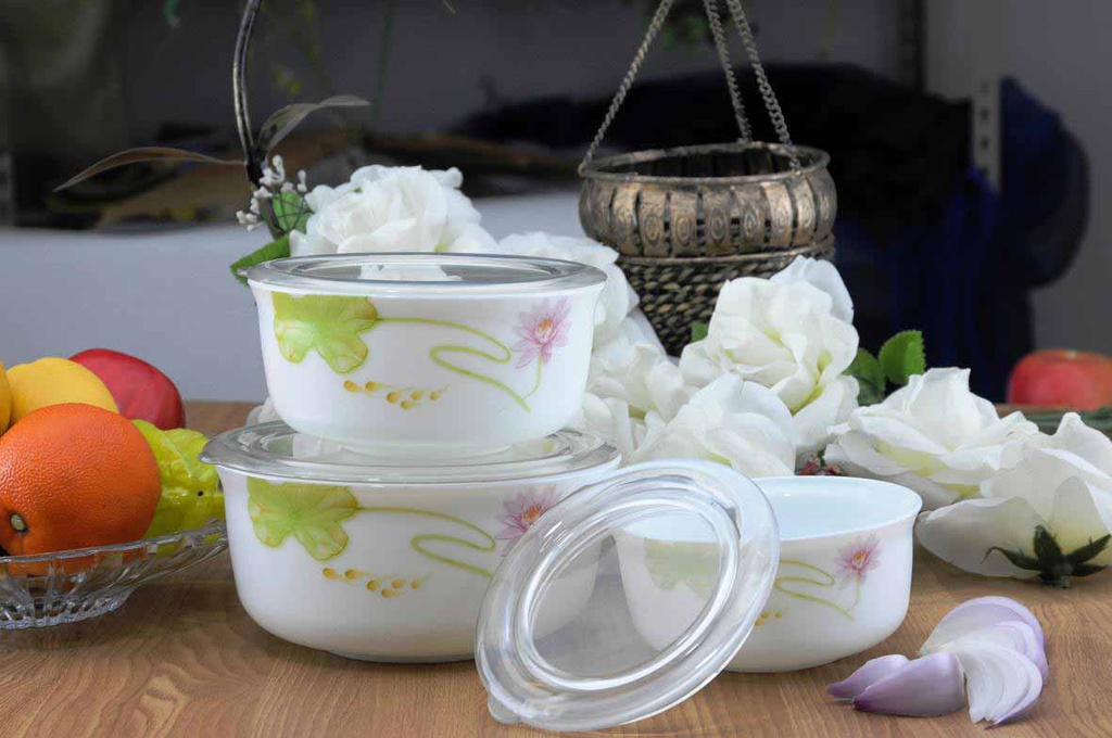 3 pc Opal Glass Lotus Flower Food Container (12 sets/ctn)