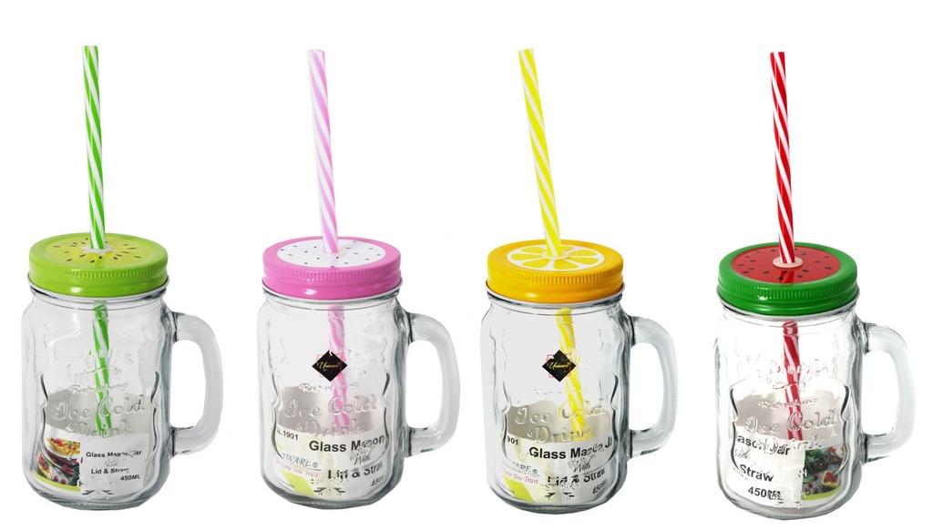 15oz Glass Mason Jar with Straw, Mixed Colors (24 pcs/ctn)
