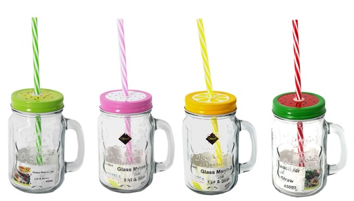 [GL1901] 15oz Glass Mason Jar with Straw, Mixed Colors (24 pcs/ctn)