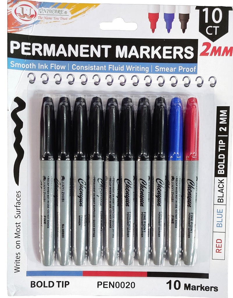 10 pc Permanent Markers, 2mm, fine point BK/RD/BL (40 bag/ctn)