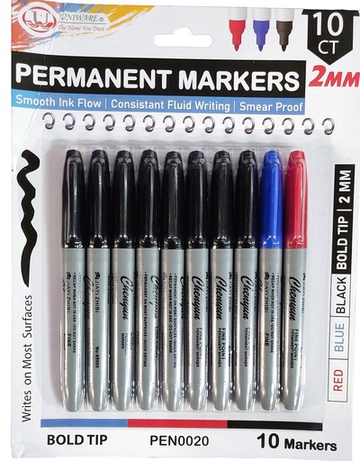 [PEN0020] 10 pc Permanent Markers, 2mm, fine point BK/RD/BL (40 bag/ctn)