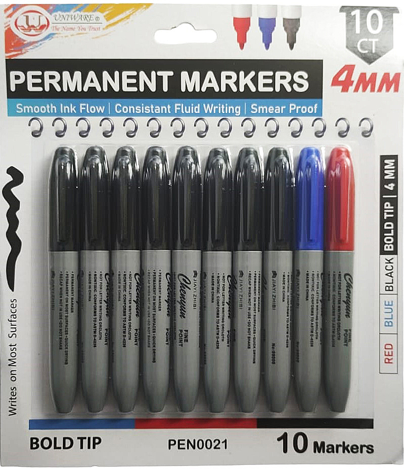 10 pc Permanent Mark Pen, BK/RD/BL (40 bag/ctn)