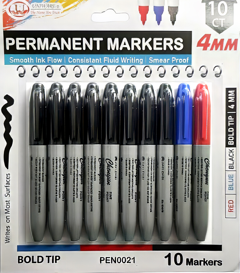 10 pc Permanent Marker,Bold Tip, 4mm, BK/RD/BL (40 bag/ctn)