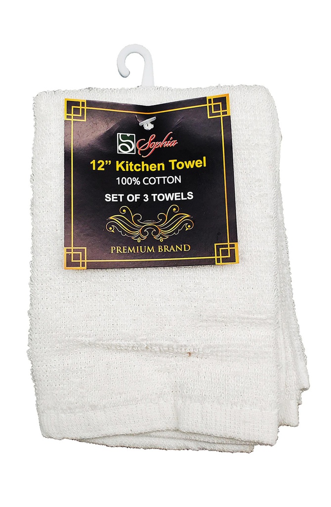 12&quot; 100% Cotton White Square Towel, Set of 3 (72 sets/ctn)