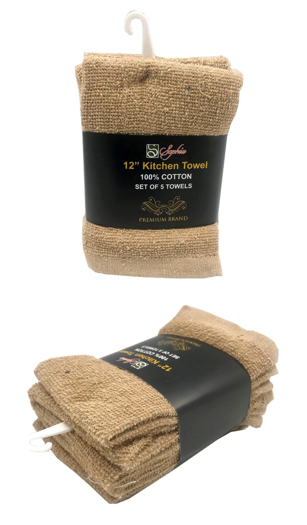 100% Cotton 12"x12" Towel, BL/BG/GR, Set of 5 (72 sets/ctn)