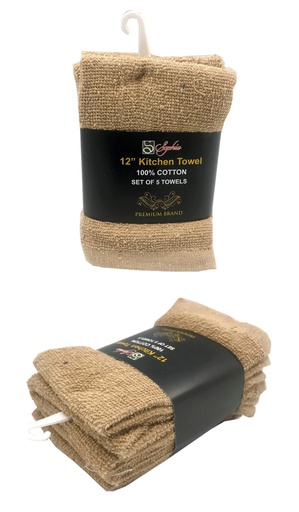 [BT313C] 100% Cotton 12"x12" Towel, BL/BG/GR, Set of 5 (72 sets/ctn)