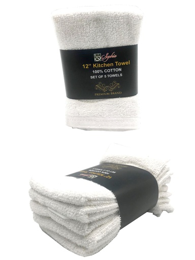 [BT313WH] 100% Cotton 12"x12" Towel, White, Set of 5 (72 sets/ctn)