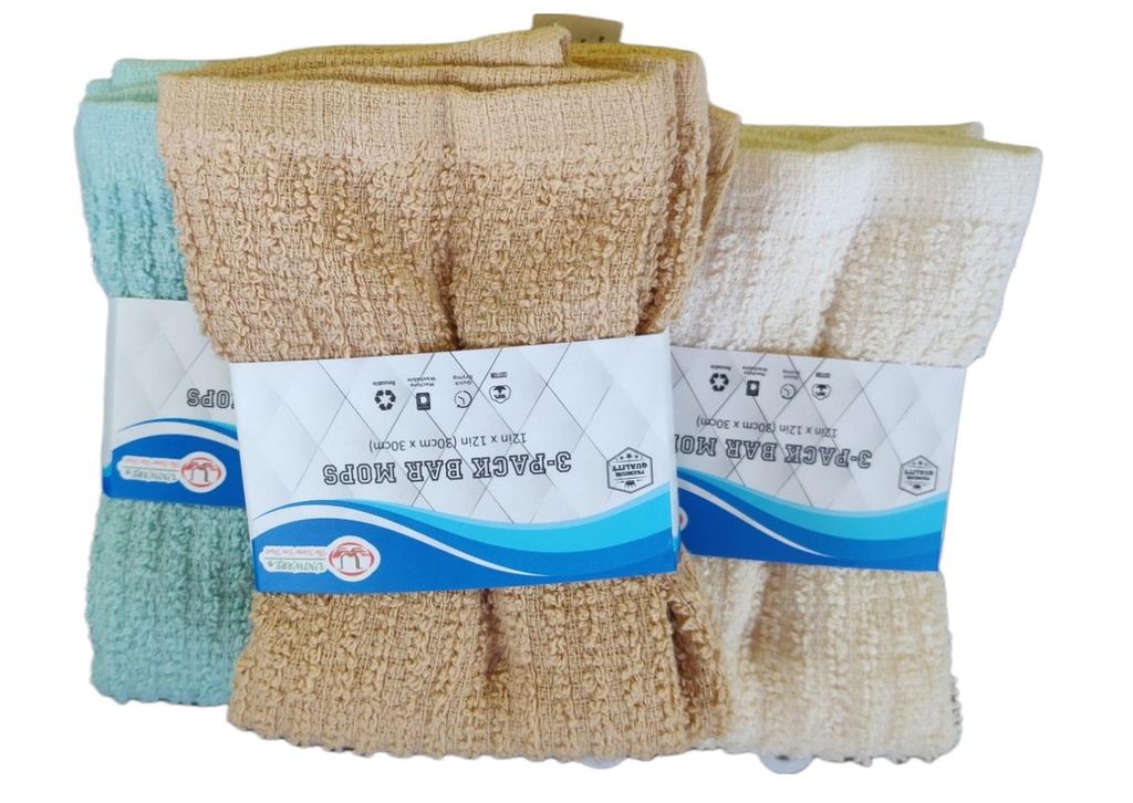 3 pc 12x12" Bar Mop Set,100%Cotton, White, 320 gsm (72 set/ctn)