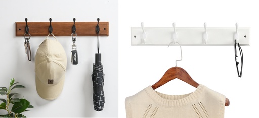 [18803] 18"x2.8" 4 Mountable Hook Rack, 4 Nickel Hooks, Mixed Colors (12 pc/ctn)