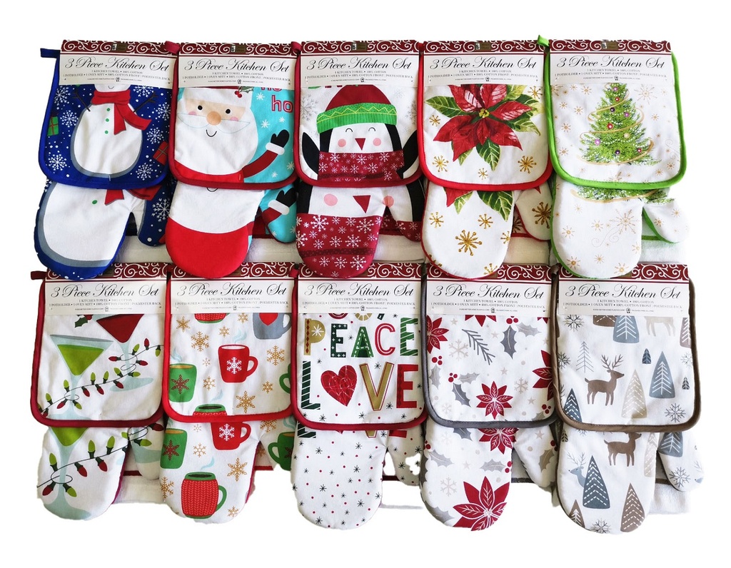 3 pc kitchen set, 7"x13" Oven Mitt w. 7"x8" Pot Holder,15"x25" Cloth(96 pc/ctn)