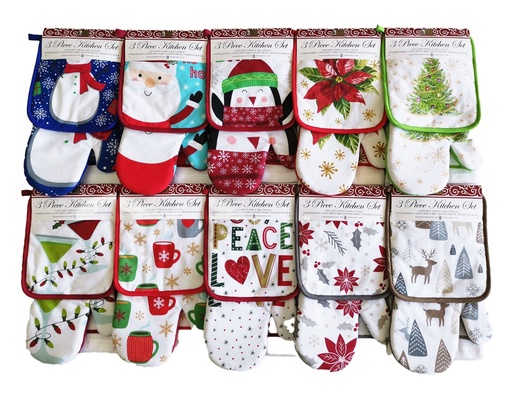 [C21-00055] 3 pc kitchen set, 7"x13" Oven Mitt w. 7"x8" Pot Holder,15"x25" Cloth(96 pc/ctn)