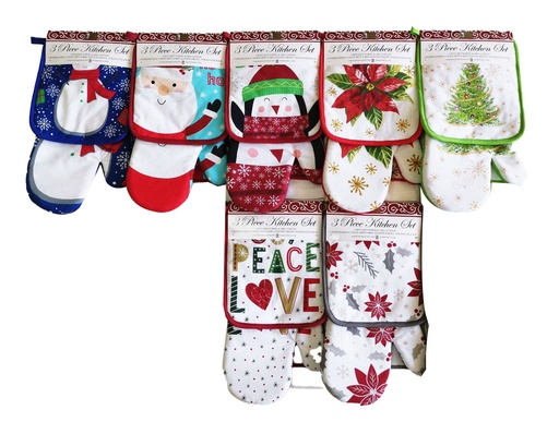 [C21-00055] 3 pc kitchen set, 7"x13" Oven Mitt w. 7"x8" Pot Holder,15"x25" Cloth(96 pc/ctn)