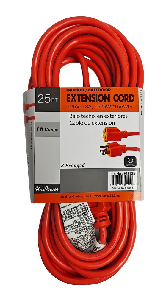 25 Feet 3 Conductor Single Outlet Extension Cord, UL Certified (12 pc/ctn)