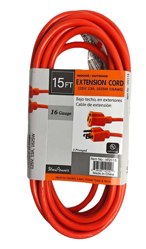 15 Feet 3 Conductor Single Outlet Extension Cord, UL Certified (24 pc/ctn)