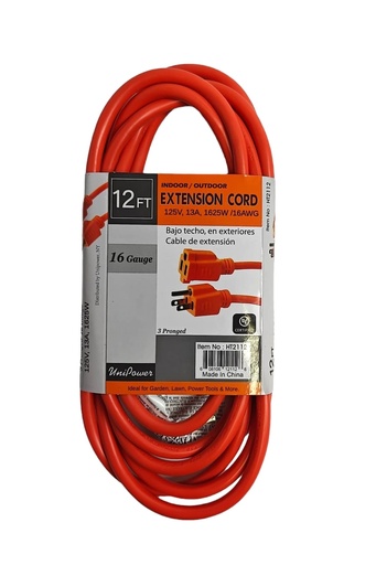 [HT2112] 12 Feet 3 Conductor Single Outlet Extension Cord, UL Certified (24 pc/ctn)