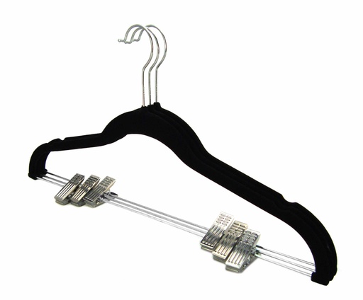 [18113BK] 3 pc Black Suede Flock Hangers with Pants Clips (12 sets/ctn)