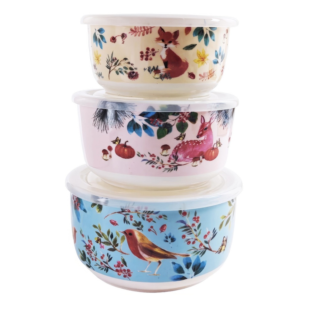 3 pc Ceramic Bowl set w. Lid  (12 pc/ctn)