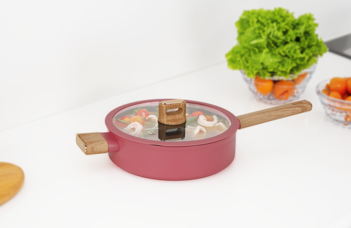 [4026] 12"(30cm) Non-Stick Alum. Deep Fry Pan w Glass Lid, Induction Compatible Bottom(6 pc/ctn)