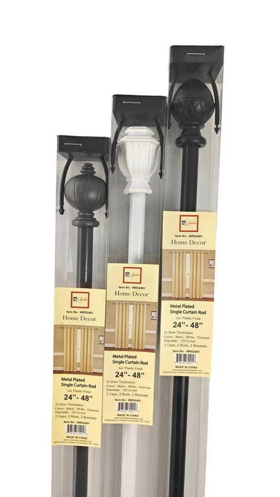 24-48" Single Curtain Rod set, Mixed Colors, 2 brackets PVC box   (12 set/ctn)