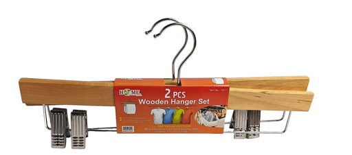 [18211] 2 pc Wooden Pants Hangers with 4 Clips (12 sets/ctn)